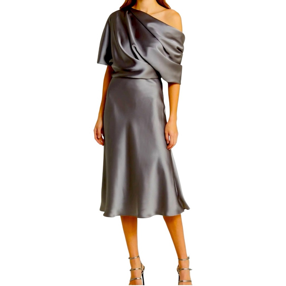 Elegant Gray Satin Off-Shoulder Dress